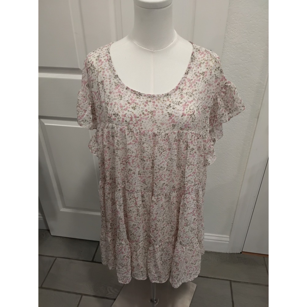 Entro Floral Babydoll Dress Pink Green Ruffle Sleeve Tiered 1X